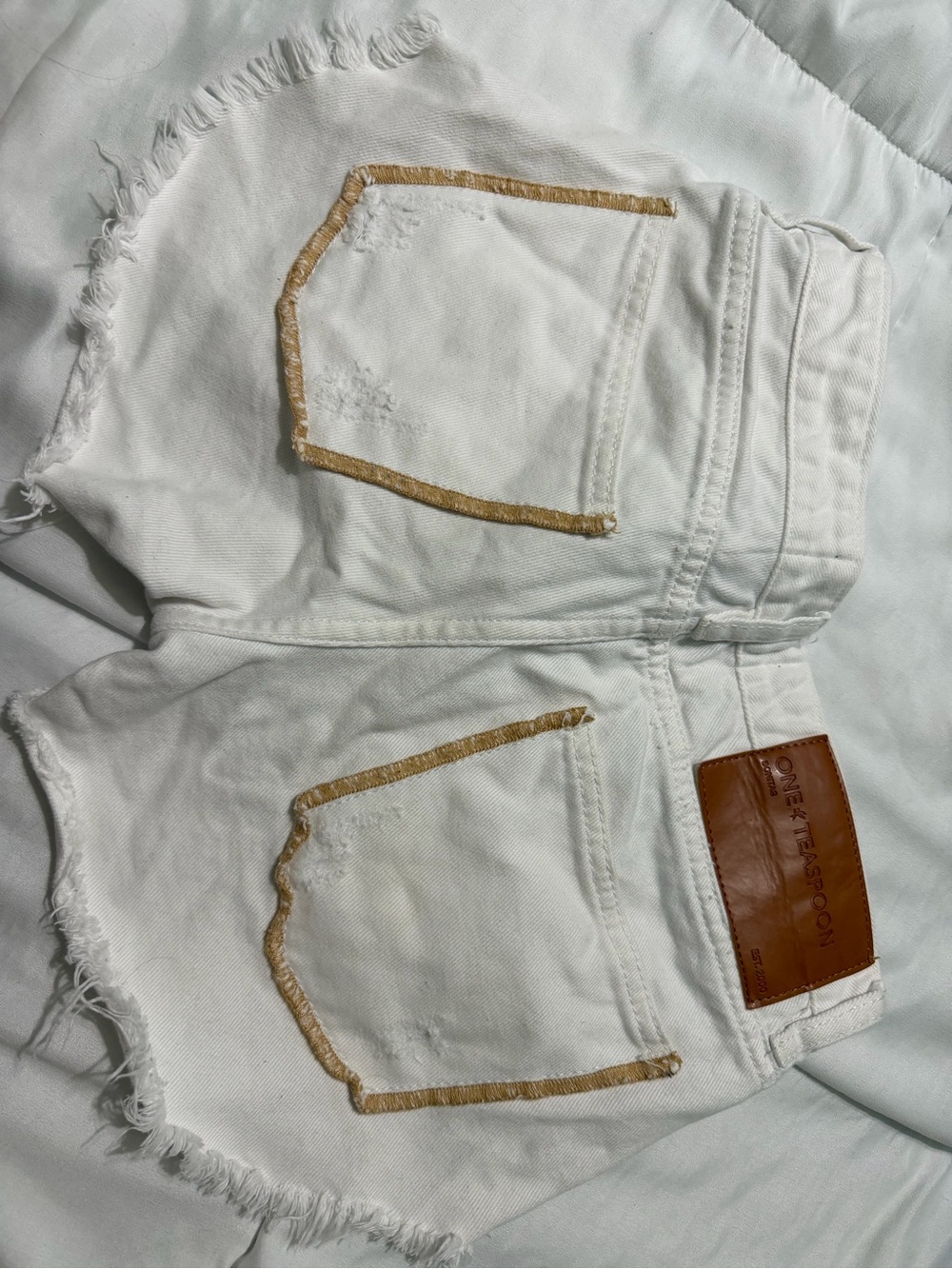 One Teaspoon White Denim Shorts with Tan Leather Logo Patch